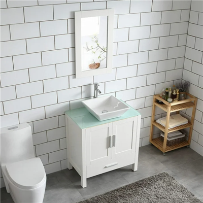 Combo bồn rửa và bàn trang điểm phòng tắm màu trắng 30" Gỗ MDF Mặt kính tăng chiều cao